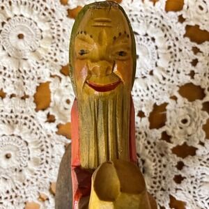 Vintage German Hand Carved Wooden Gnome Sitting on Log Folk Art